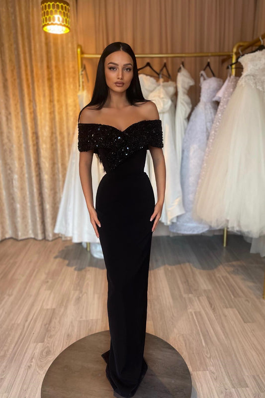 Gorgeous Black Off-the-shoulder Sweetheart Mermaid Prom Dress With Sequins