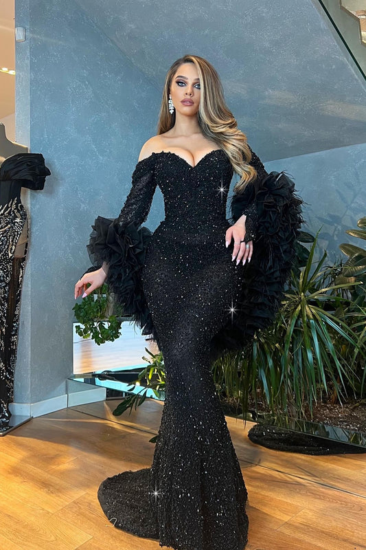 Gorgeous Black Sweetheart Long Sleeves Mermaid Prom Dress With Sequins
