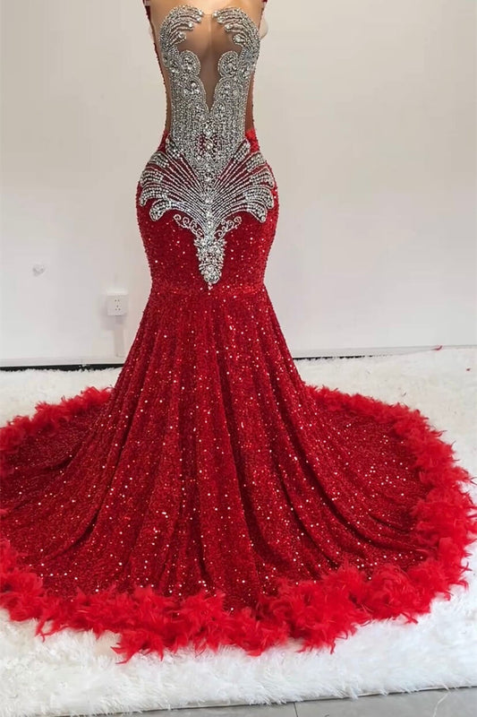 Modern Red Sequins Sleeveless Mermaid Prom Dress Long Beadings With Feather