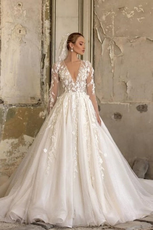 Elegant Deep V-neck A-Line Wedding Gown with Long Sleeves and Tulle Lace Ruffles