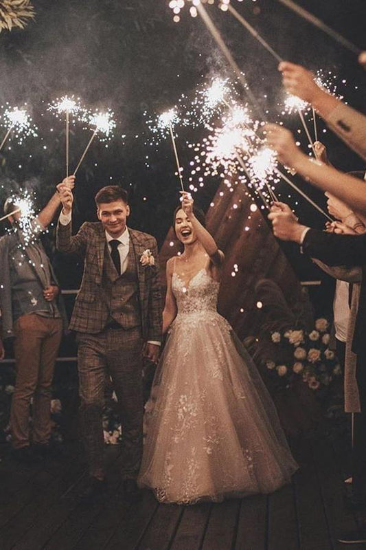 Elegant V-neck A-line Wedding Gown with Tulle Lace and Spaghetti Straps