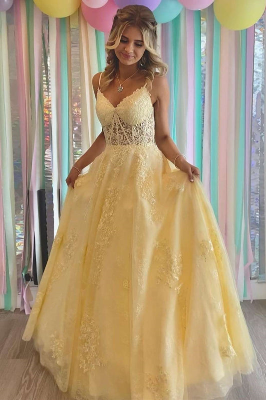 Classy Daffodil Spaghetti-Straps Sleeveless Prom Dress Long With Appliques