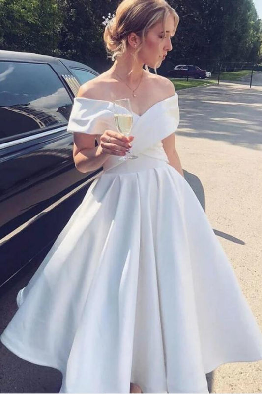 Elegant Strapless Satin A-line Wedding Dress with Off-The-Shoulder Short Sleeves