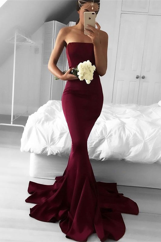 Chic Burgundy Strapless Mermaid Long Evening Prom Dress Online