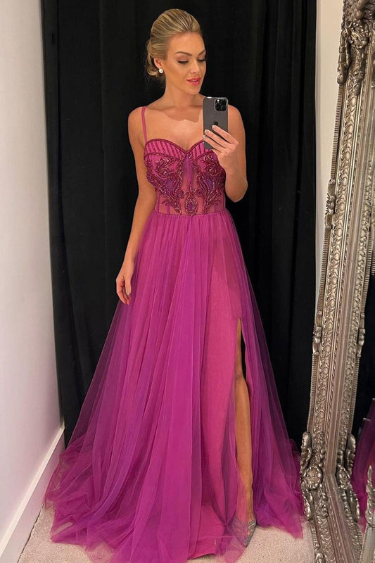 New Arrival Hot Pink Tulle Prom Dress Spaghetti-Straps With Bead