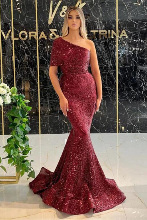 Gorgeous One Shoulder Burgundy Sequins Prom Dress Mermaid Long Online