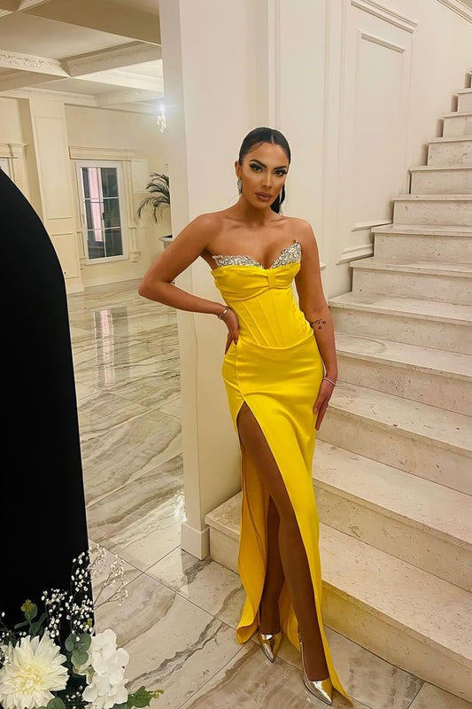 New Arrival Yellow Sweetheart Prom Dress Mermaid Split With Crystals