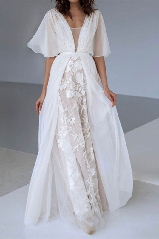 Boho V-Neck Chiffon Lace Wedding Dress Featuring an A-Line Cut and Belt