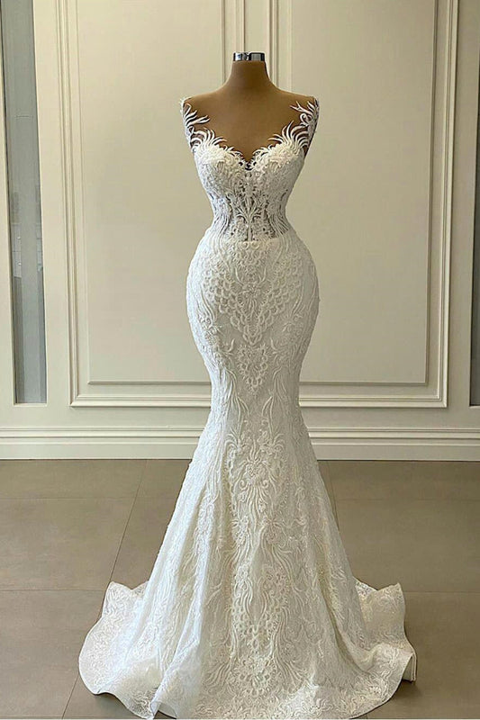 Elegant Sweetheart Mermaid Wedding Dress with Chic Lace Appliques and Detachable Train