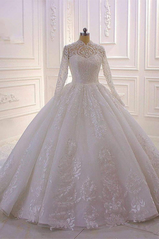 Elegant High-neck Ball Gown with Long Sleeves, Ruffles, and Lace Appliques