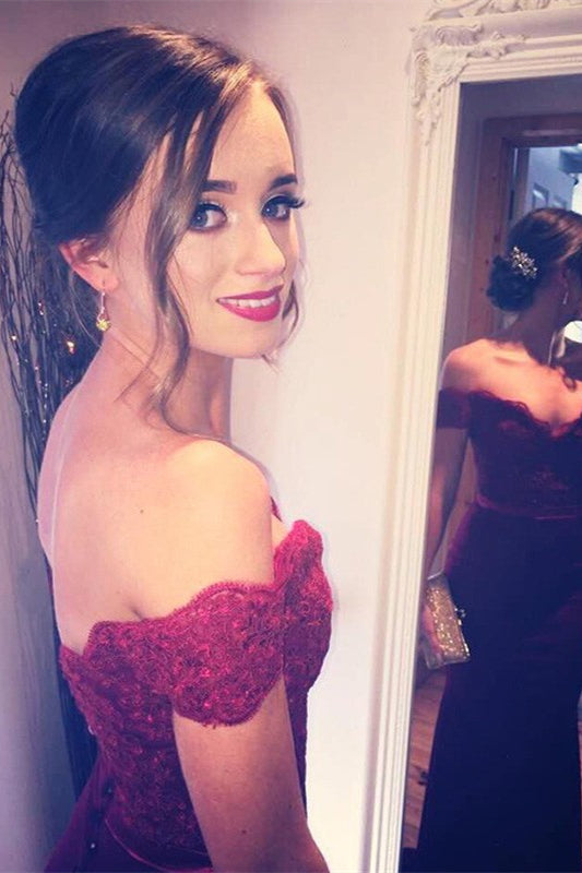 Gorgeous Burgundy Off-the-Shoulder Mermaid Prom Dress With Appliques