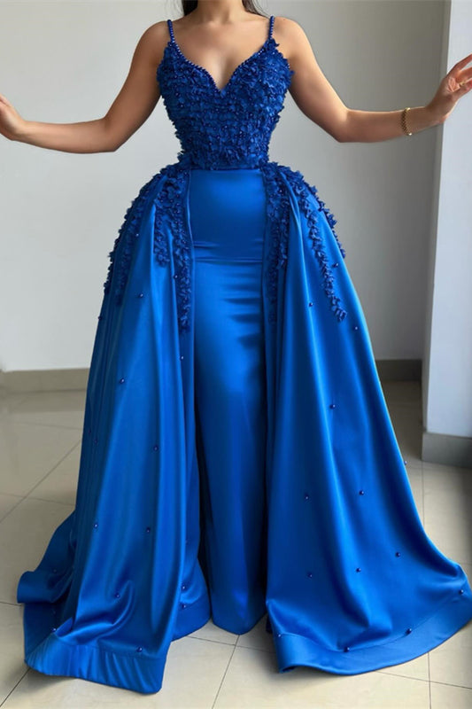 Beautiful Royal Blue Spaghetti-Straps Prom Dresses Overskirt Sleeveless With Pearls Appliques