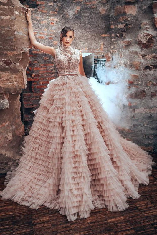 Elegant Pink Princess A-line Wedding Gown with High Neck and Long Tulle Skirt