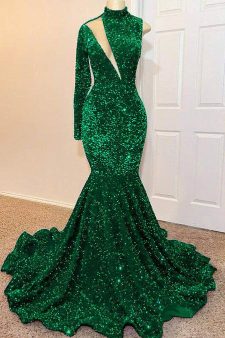 Fabulous Emerald Green Sequins Prom Dress Mermaid One Shoulder Long Sleeves