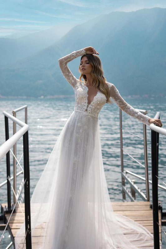 Elegant Long-Sleeve Boho Wedding Dress with V-neck and Lace Backless Design