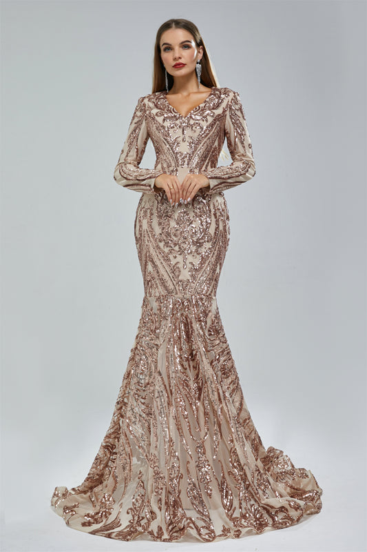 Gorgeous V-Neck Mermaid Prom Dress Long Sleeves Sequins Long