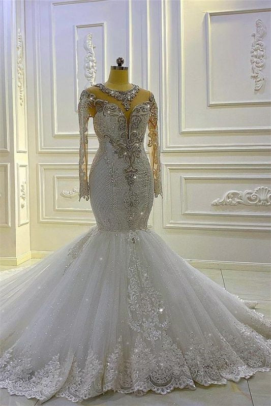 Elegant Mermaid Wedding Gown with Beaded Long Sleeves and Applique