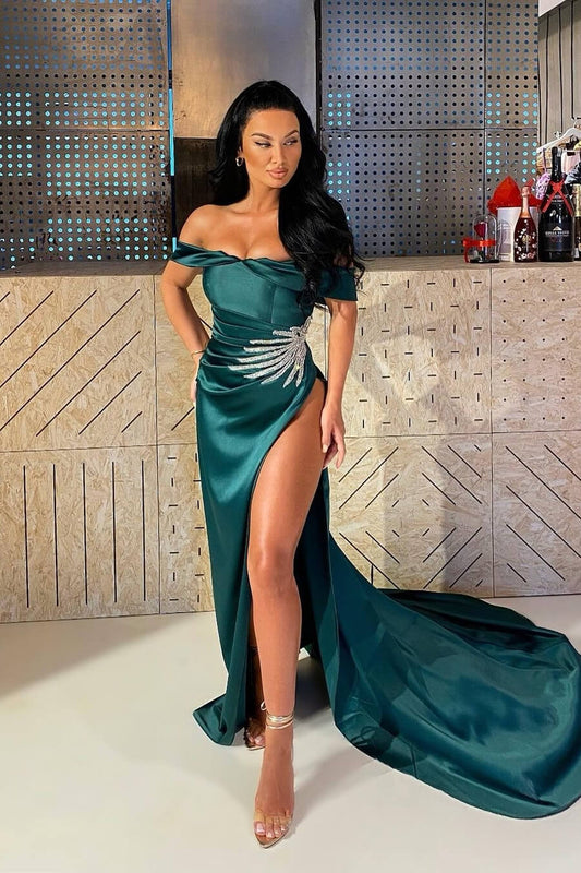 Fabulous Dark Green Off-the-Shoulder Sleeveless Mermaid Prom Gown With High Split Beadings