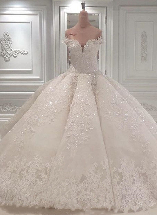Elegant Off-The-Shoulder Ball Gown Wedding Dress with Beadings
