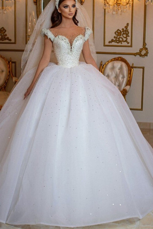 Elegant Off-the-Shoulder Princess Wedding Dress with Beaded Pearl Tulle