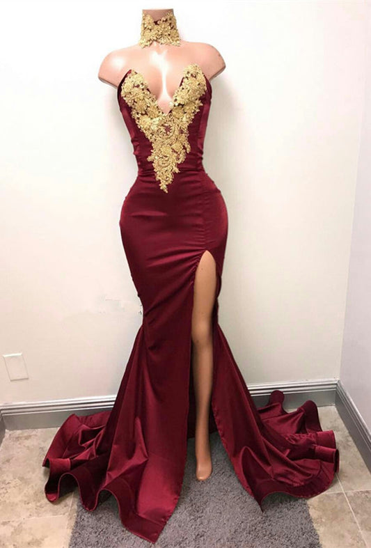 Classy Burgundy Mermaid Prom Dress Sweetheart With Gold Appliques