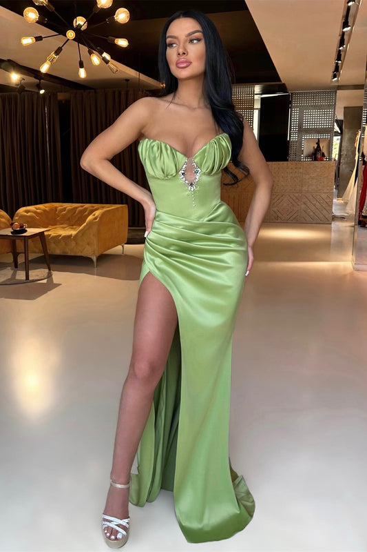 Gorgeous Sage Sweetheart Mermaid Prom Dress Pleats Beaded With High Split