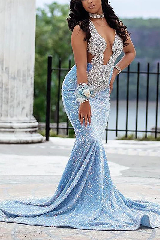 Classic Light Blue Sequins Prom Dress mermaid Sleeveless With Crystal