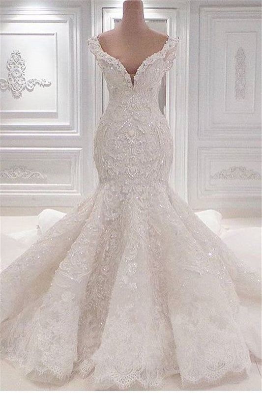 Elegant V-neck Mermaid Wedding Dress with Ruffles and Lace Appliques