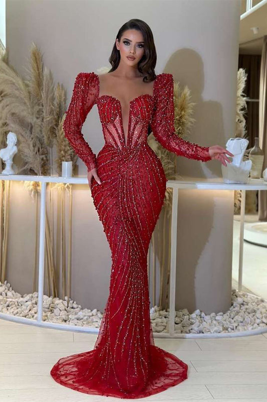 Gorgeous Red Deep V-Neck Long Sleeves Mermaid Prom Dress With Beaded Sequins