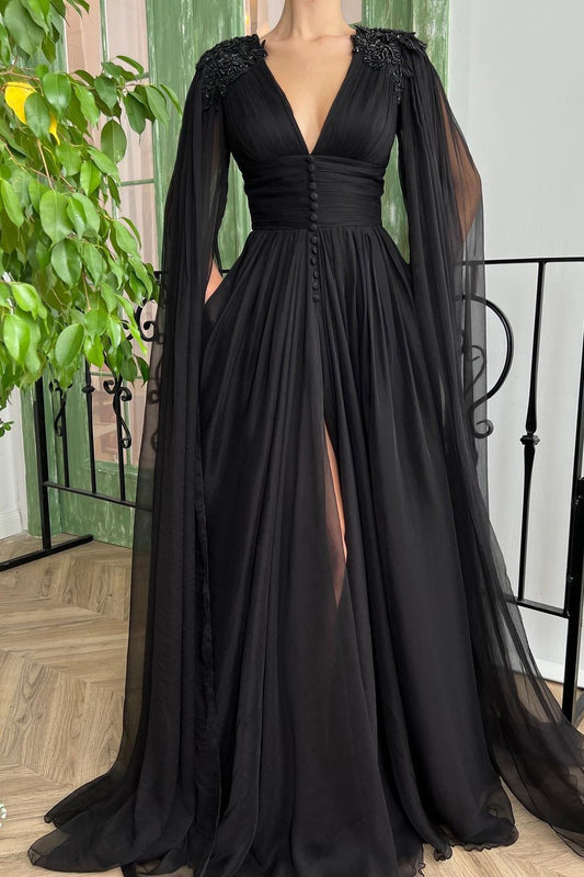 Modest Black Ruffle Sleeves Prom Dress Long Slit With Buttons