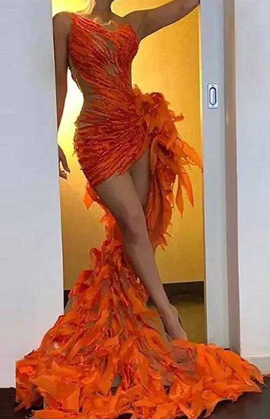 Fabulous Orange Sleeveless Mermaid Prom Dress Hi-Lo With Ruffles