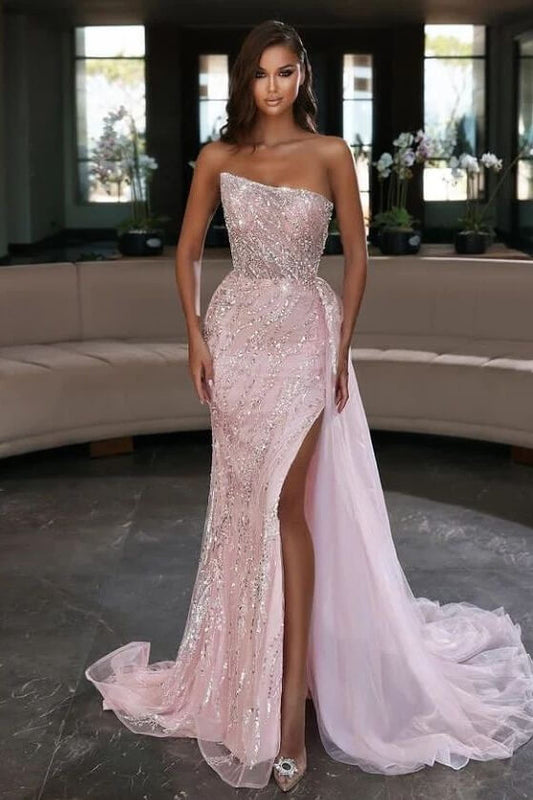 Gorgeous Pink Strapless Mermaid Prom Dress Slit Long With Beads