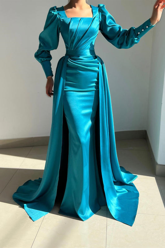 Gorgeous Ocean Blue Square Long Sleeves Mermaid Prom Dress With Overskirt