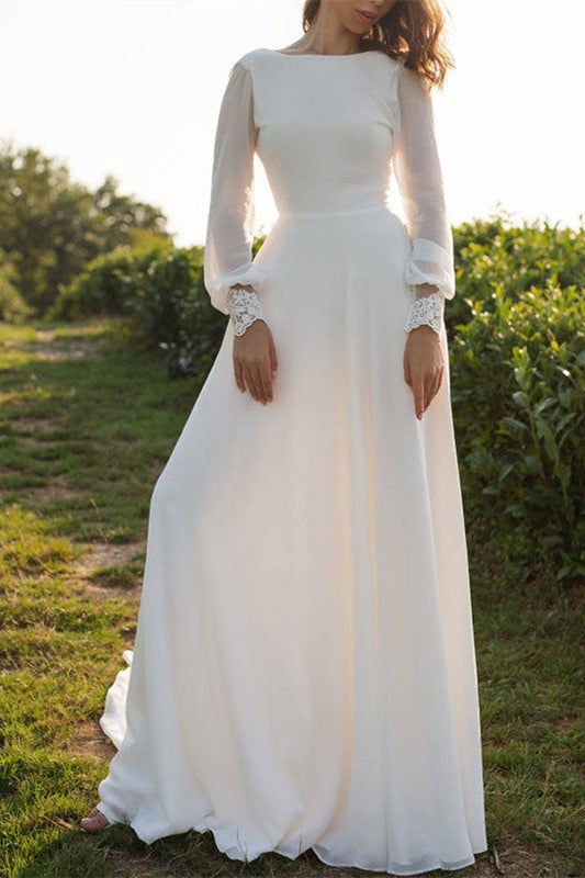 Long Sleeve Backless Chiffon Bridal Gown