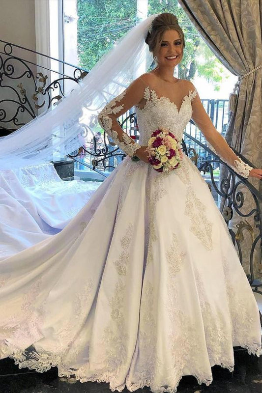 Elegant Sweetheart A-line Wedding Gown with Long Satin Sleeves