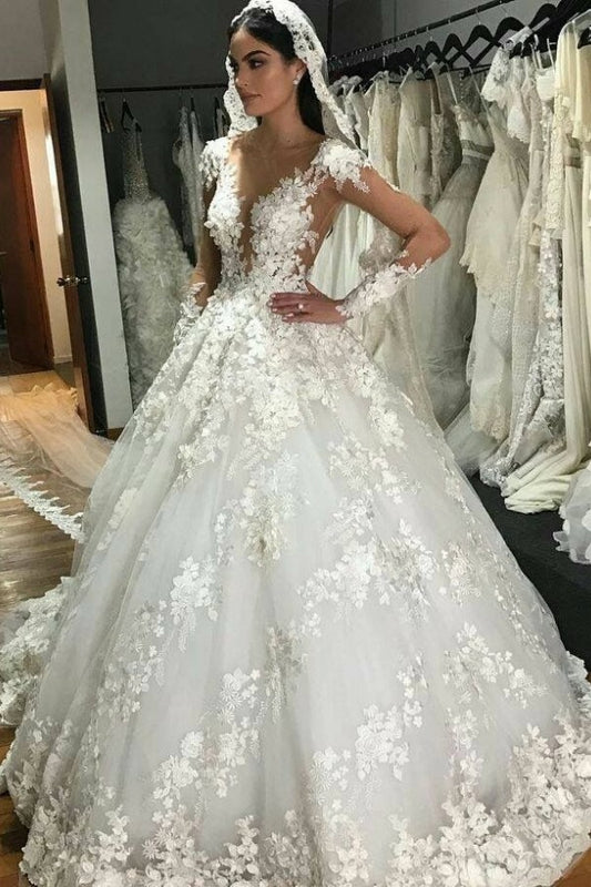 Princess Bateau Wedding Dress with Modest Backless Design and Floor-length Lace Ruffles