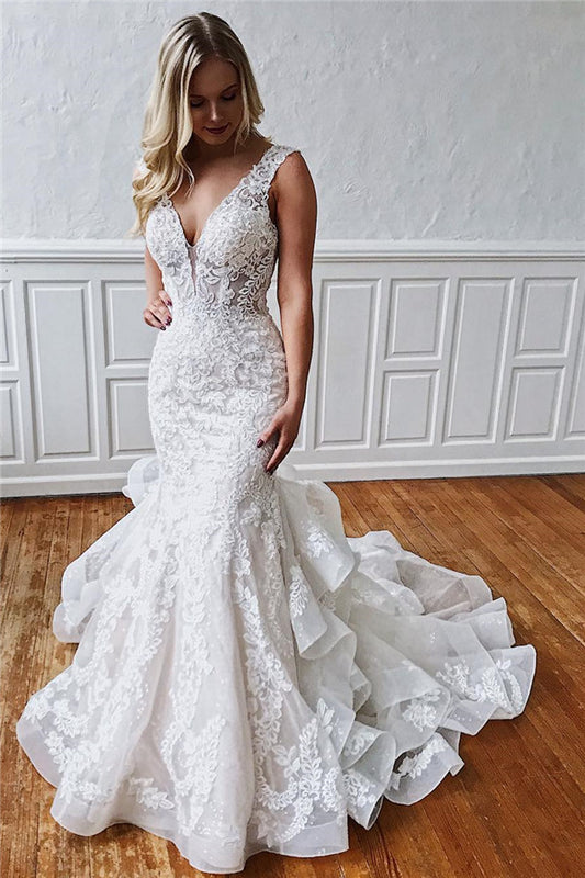 Mermaid Wedding Dresses With Vintage Lace Straps and Ruffled Sleeveless Design