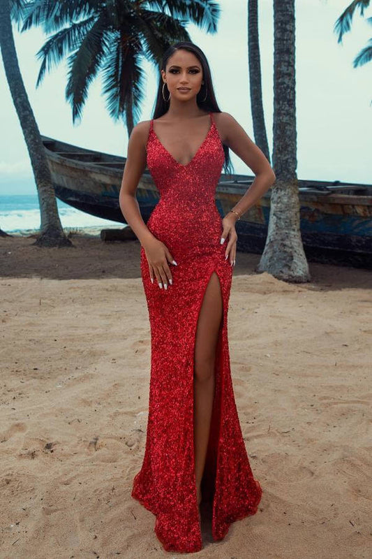 Charming Red Sequins Prom Dress Spaghetti-Straps V-Neck Mermaid With Split