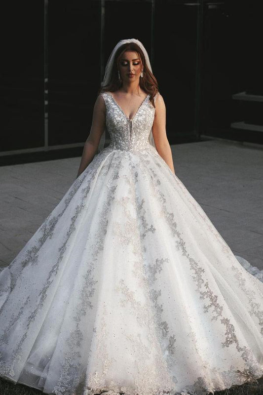 Elegant V-neck Princess Wedding Dress with Long Lace Appliques and Tulle