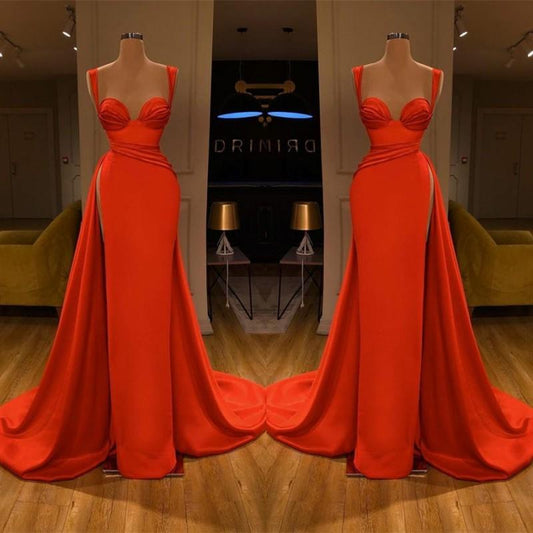 Gorgeous Red Straps Long Prom Dress Mermaid With Slit