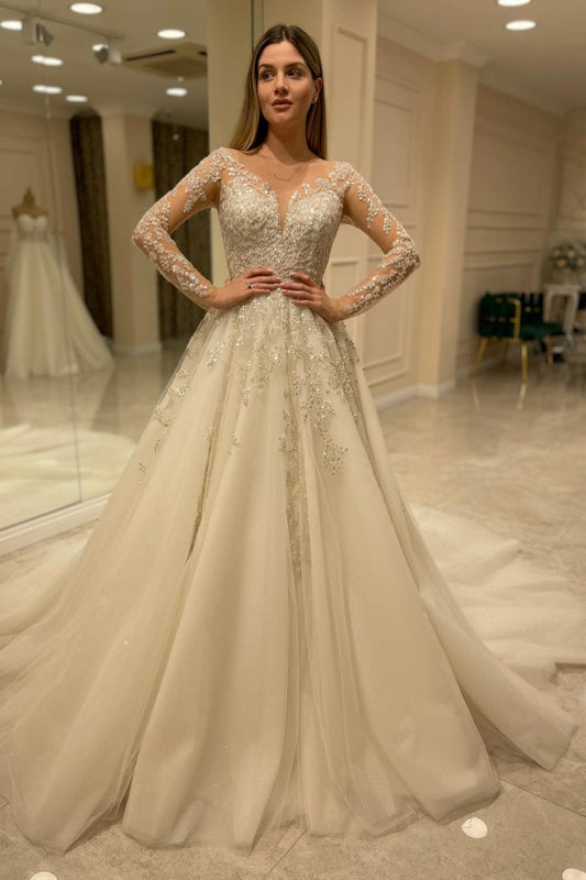 Elegant A-line Wedding Dress with Long Lace Appliques and Sleeves