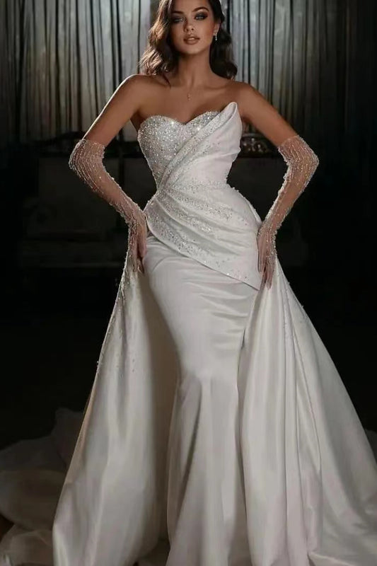 Long-Sleeved Beaded Mermaid Wedding Gown in White with Detachable Skirt