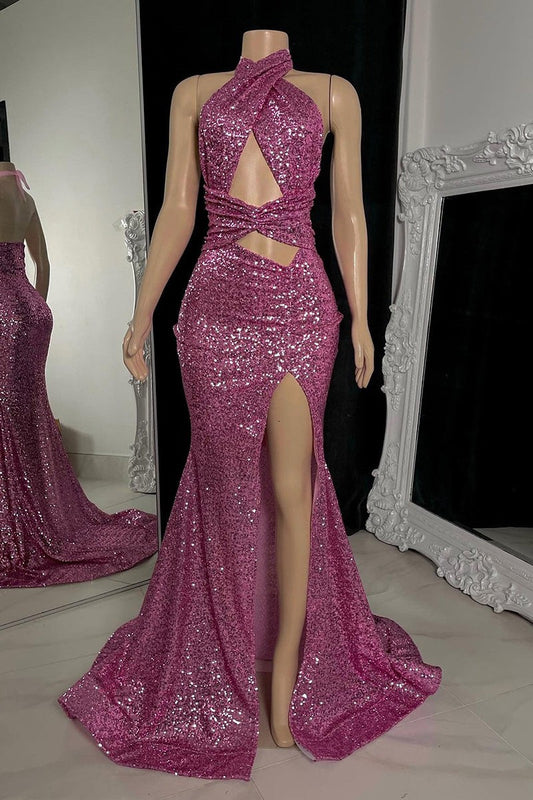 Charming Halter Sequins Prom Dress Mermaid Long Split Sleeveless Online