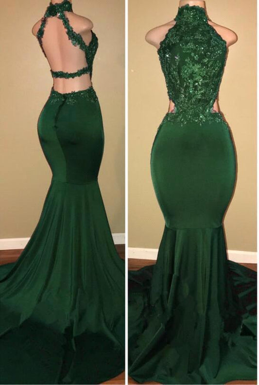 Green High Neck Mermaid Prom Dress Long With Lace Appliques