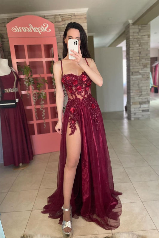 Popular Spaghetti-Straps Sweetheart Sleeveless Mermaid Prom Dresses With High Split Appliques