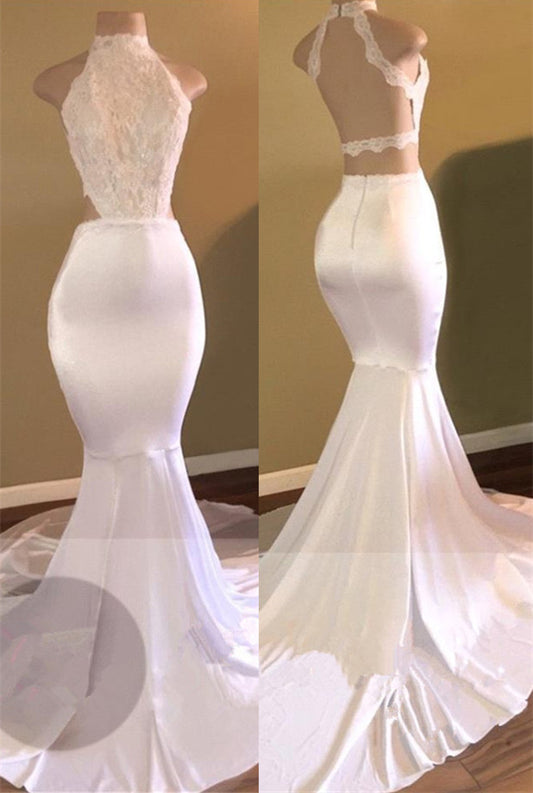 Beautiful White High Neck Lace Appliques Prom Dress Mermaid Long