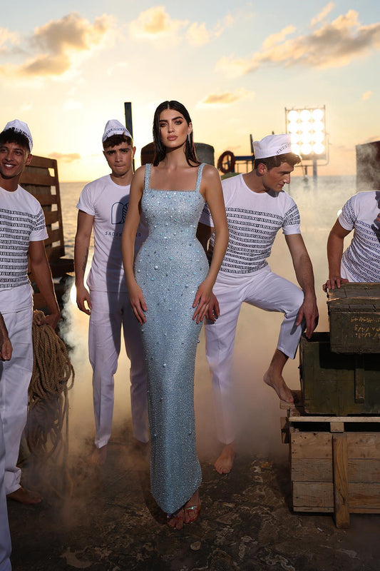 Gorgeous Sky Blue Square Mermaid Prom Dress With Pearls Sequins On Sale