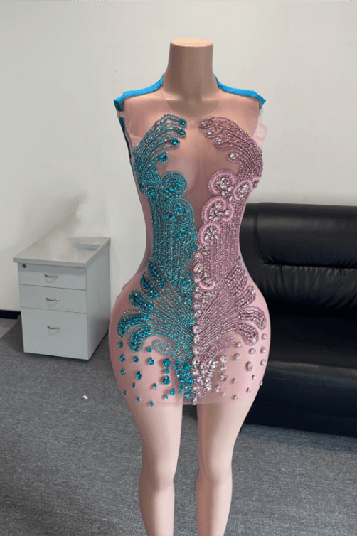 Modern Pink and Blue Short Prom Dress Sleeveless Scoop With Beadings