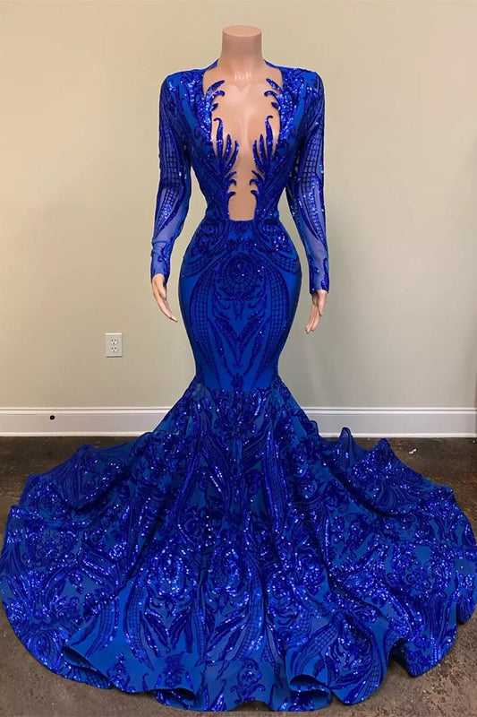 Gorgeous Royal Blue Long Sleeves Prom Dress Mermaid Sequins