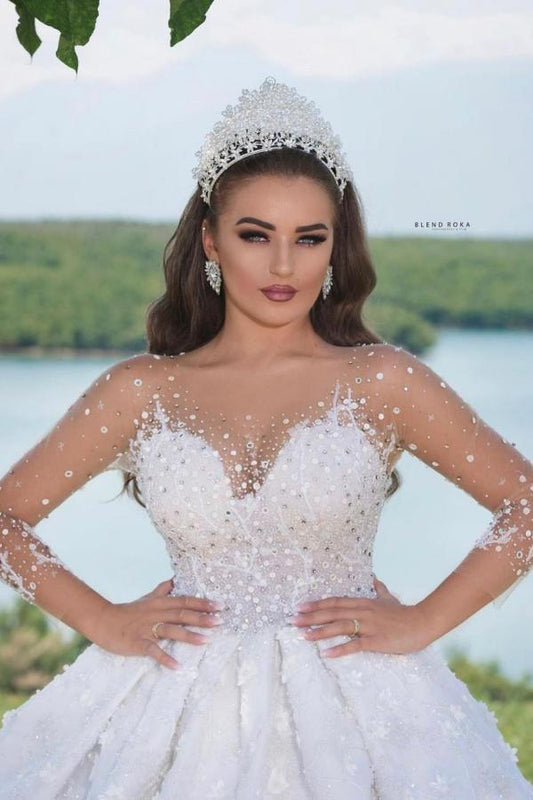 Elegant Long Sweetheart Ball Gown Wedding Dress with Beaded Sleeves